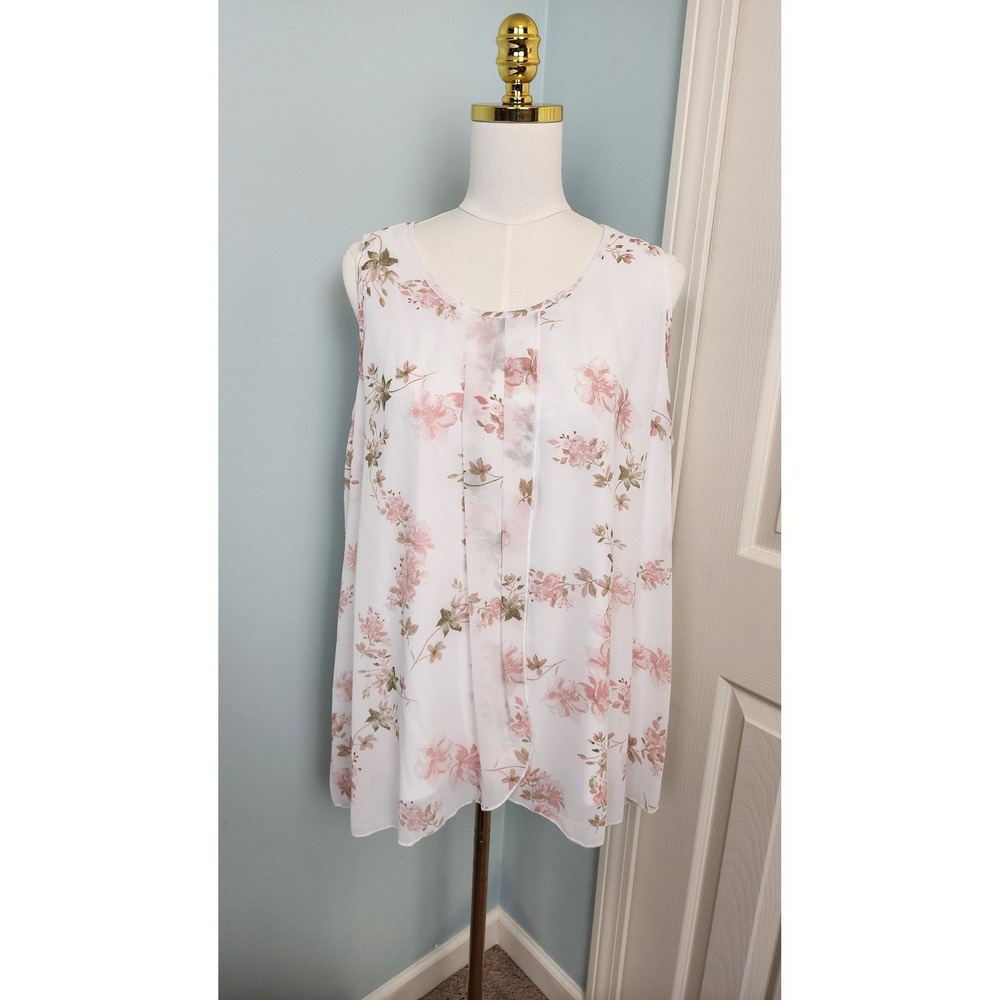 Womens XXL White Pink Floral Sleeveless Blouse - Picture 4 of 11